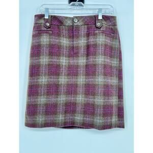 Eddie Bauer Women’s Burgundy Brown Plaid Wool Blend Pencil Skirt Academia 8 Tall